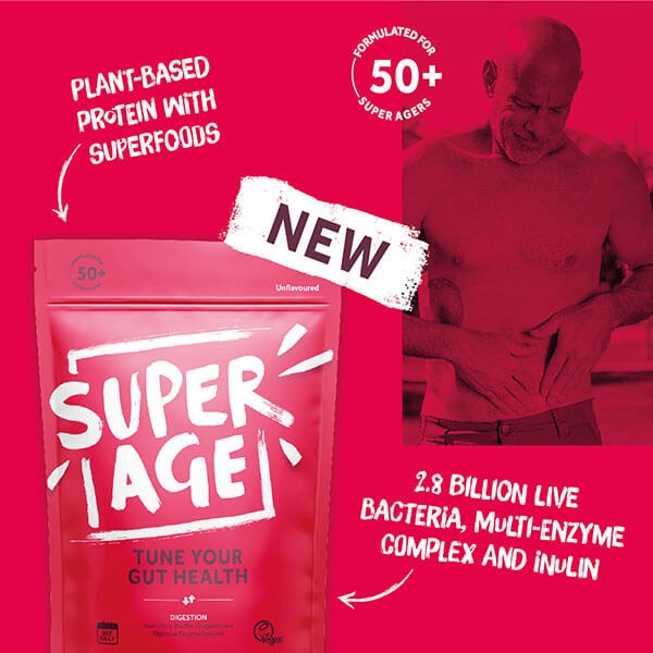 New. SuperAge. Plant-based protein with superfoods. Tune your gut health. 2.8 billion live bacteria, multi-enzyme complex and inulin. Formulated for 50+ super agers.