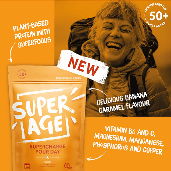 New. SuperAge. Supercharge your day. Plant-based protein with superfoods. Delicious caramel flavour. Vitamin B6 and C, magnesium, manganese, phosphorus and copper. Formulated for 50+ super agers.