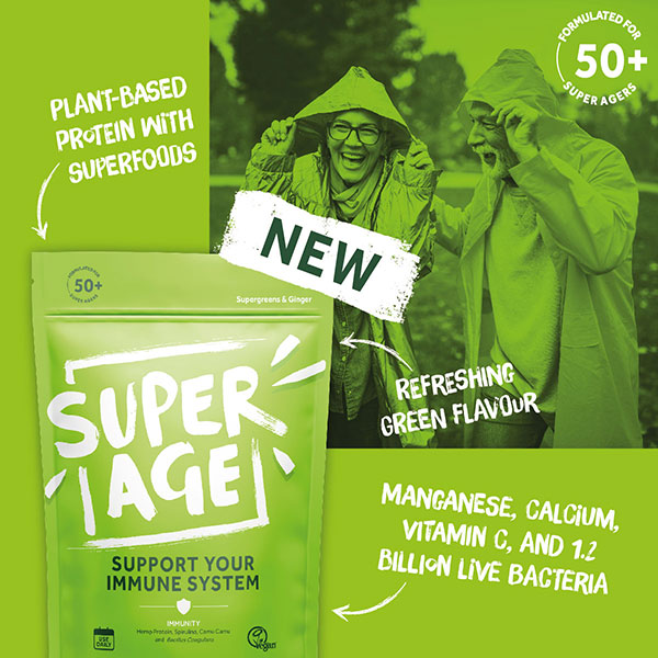 New. SuperAge Plant-based protein with superfoods. Support your immune system. Refreshing green flavour. Manganese, calcium, vitamin C, and 1.2 billion live bacteria. Formulated for 50+ super agers.